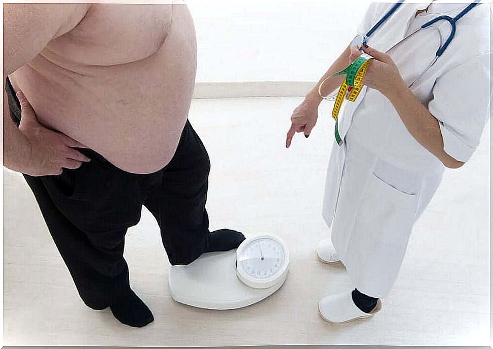 Obese person on the scales due to ultra-processed foods