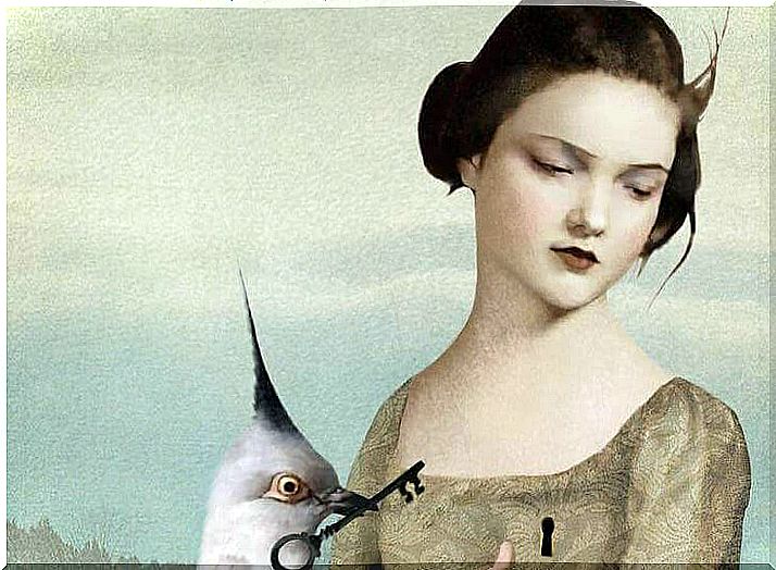 Woman looking away while a bird has a nail