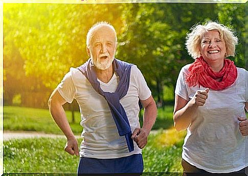 An older couple running