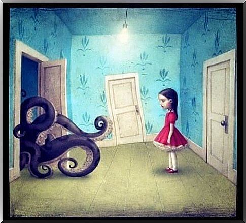 Girl in red dress stands and watches a squid coming in through the door